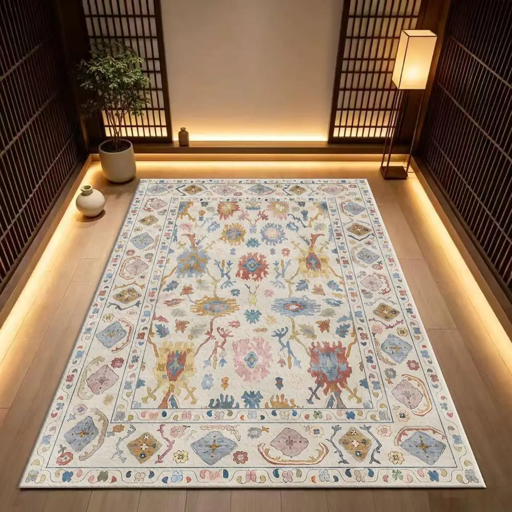 Soft Boho Oushak Square Area Rug Muted Color Floral Geometric Distressed Non-Slip Floor Carpet for Bedroom Home Decor