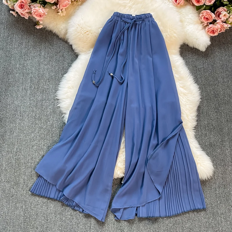 

Women'S Summer Pants New Chiffon Pleated Wide Leg Pants Black White High Waist Elastic Loose Solid Casual Beach Ladies Palazos