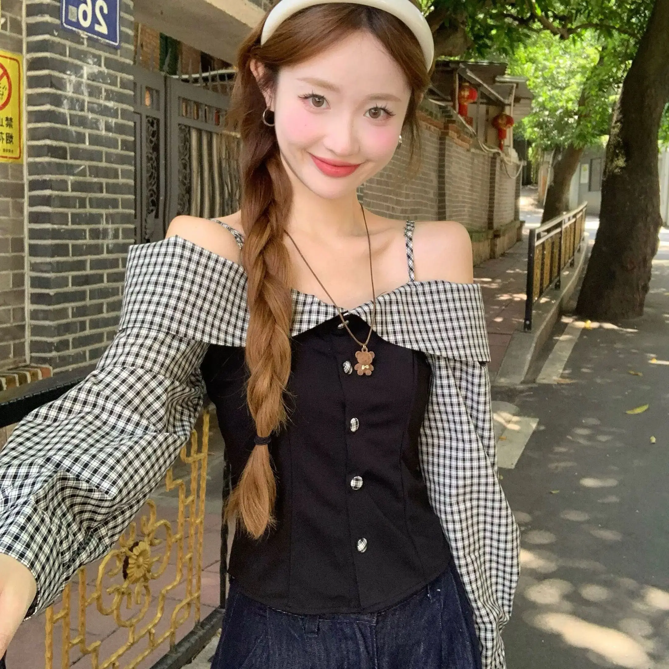 

Casual Style Plaid Shirt One Shoulder Long Sleeve Women's Fashion Design Spring Autumn Season Short Length Patchwork Top