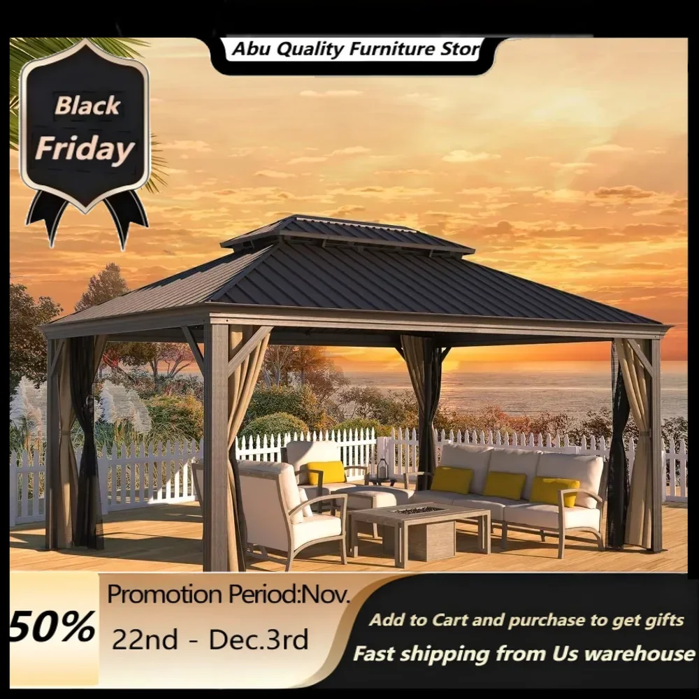 Gazebo,Hardtop Gazebo 12' X 16' With Mosquito Net And Privacy Sidewalls, Aluminum Gazebo With Galvanized Steel Double Roof