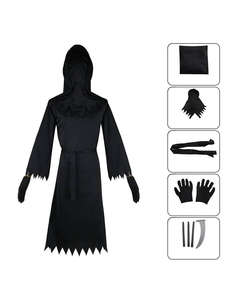 할로윈 의상 공포 롤플레잉 레드 아이 그림 리퍼 코스튬 낫 악마 다크사이드 유령 코스프레 슈트 후드 파티 드레스 장갑