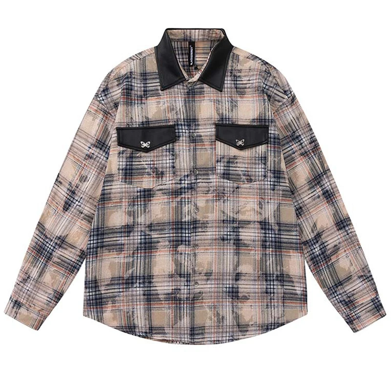 Men Retro Plaid Shirt Hip Hop Streetwear Oversize Shirt Butterfly Pocket Harajuku Shirt Long Sleeve Checkered Flannel Tees 2023