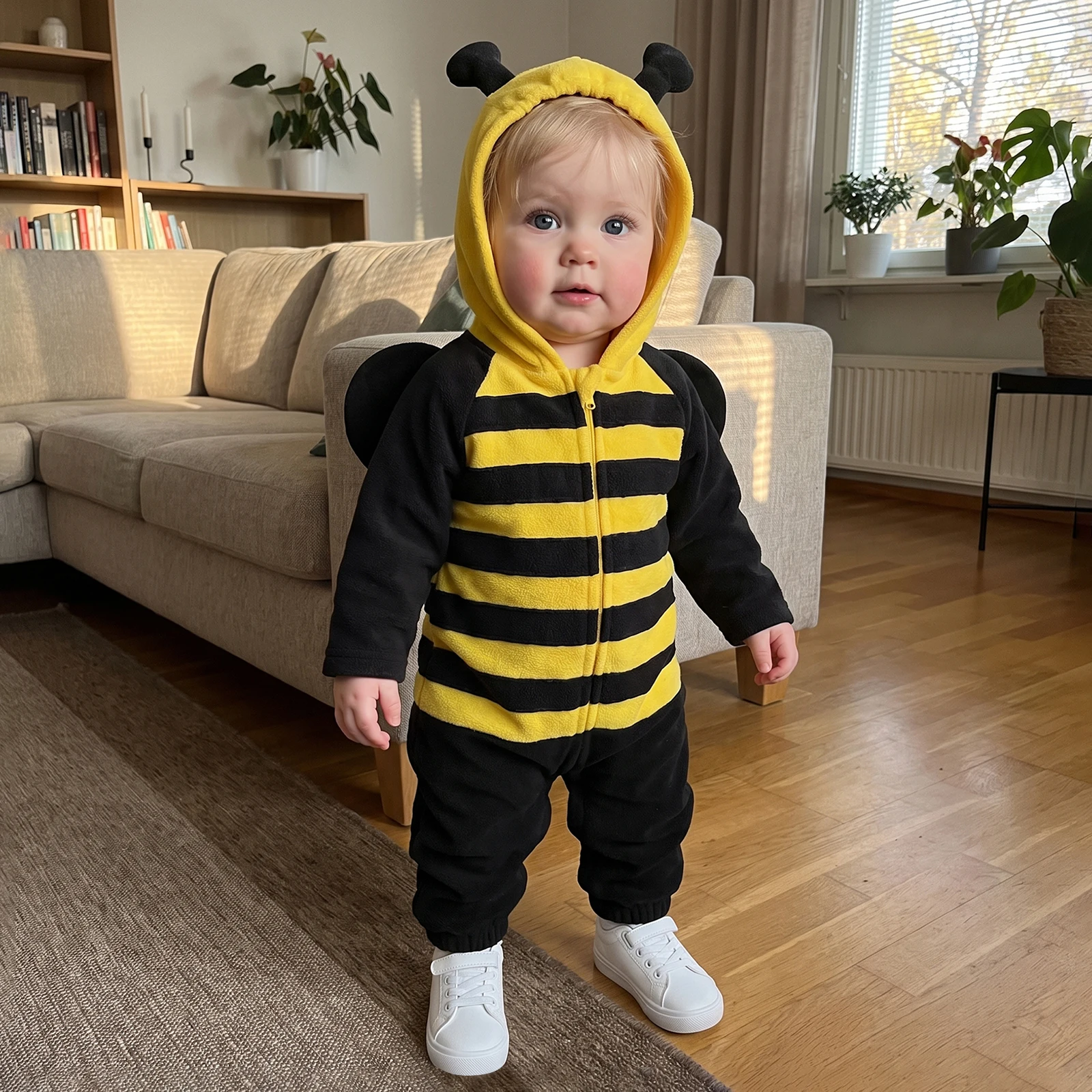 Baby Bee Romper Toddler Fleece Hooded Jumpsuit Cute Animal Cosplay Costume Autumn Winter Infant Striped Outfits