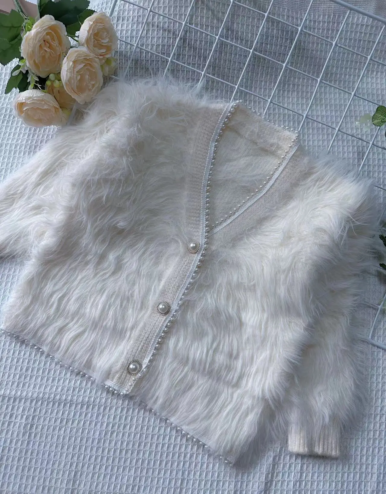 Autumn Winter Girls Cardigans Sweater Fluffy Faux Fur Jackets  Furry Pearl Beaded V-neck Long Sleeve Coats Childs Spring Outwear