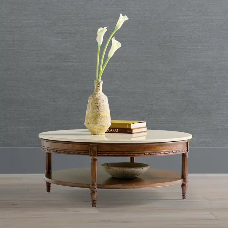 French Vintage Handmade Decorative Durable Marble Top Oak Round Coffee Table Living Room Furniture