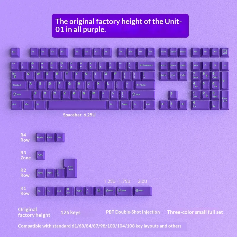 Purple keycaps made of PBT material with regular engraving, complete set of 126 keys, original factory height dual color