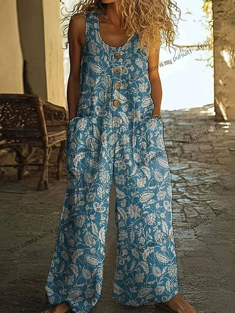 Vintage Print Tasten Ärmellose Overalls Frauen Sommer Neue Mode Temperament Lose Breite Beine Overall Dame Pendeln Kleidung
