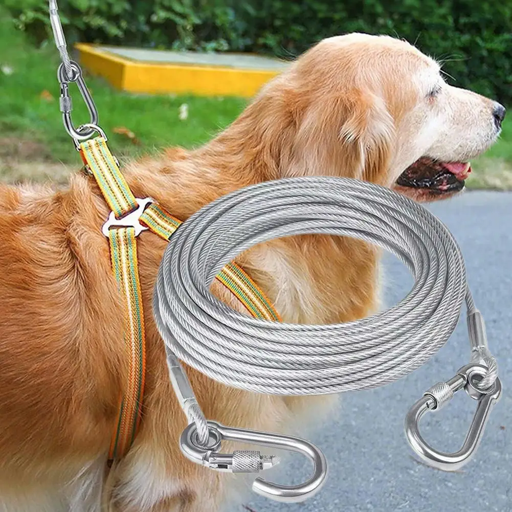 Double-Headed Dog Tie out Cable Leash with Metal Buckle Anti-Rust Steel Wire Outdoor Training Collar Durable Traction Rope Stra