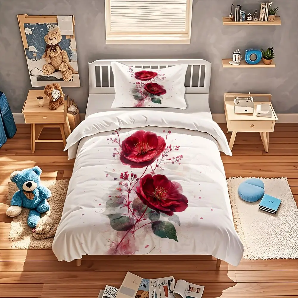 Flower Duvet Cover Set Watercolor Floral Bedding Set Digital Print Soft Microfiber Comforter Cover Home Bedroom Decor