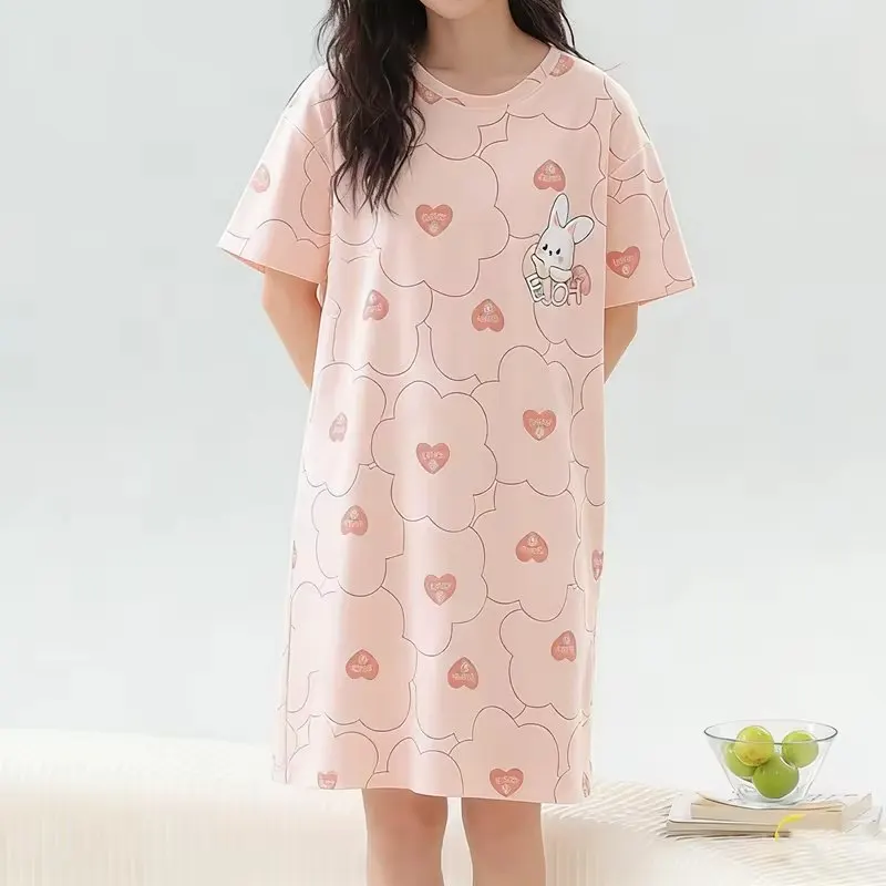 Summer Thin Comfortable Home Clothes Short Sleeve Loose Women's Nightgown Cartoon plus Size Casual Wear round Neck Pullover