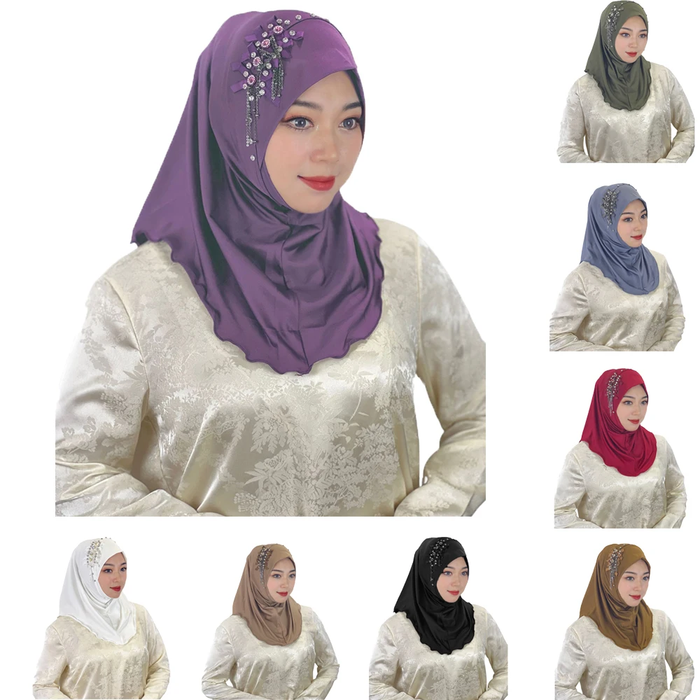 Hijab Instantâneo Muçulmano com Borla para Mulheres, Xaile, Pull On Wear, Cachecol, Cobertura Completa, Turbante, Tampão de Islã, Headwrap, Oração, Ramadã, Diamante, Xaile