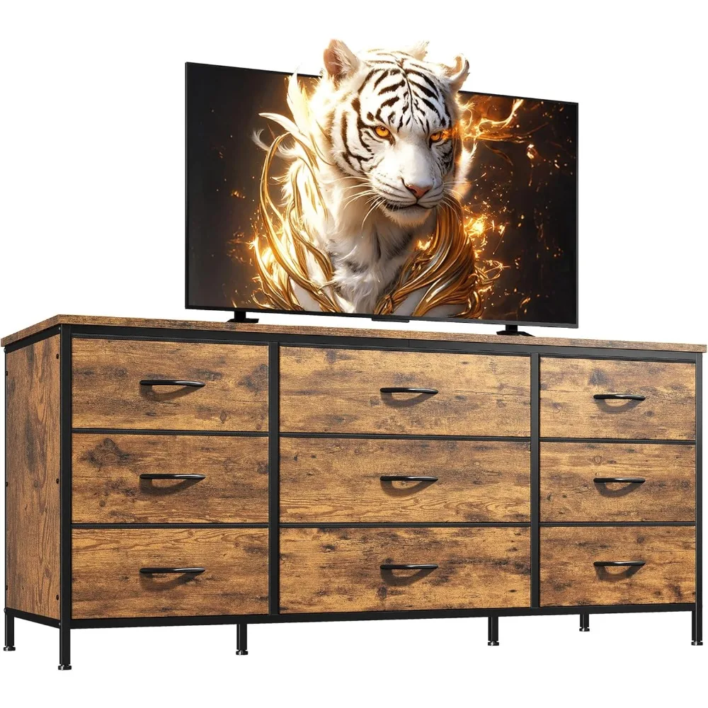 60 Inch TV Stand with 9 Drawers - Bedroom Dresser for TVs, Wide Storage Chests