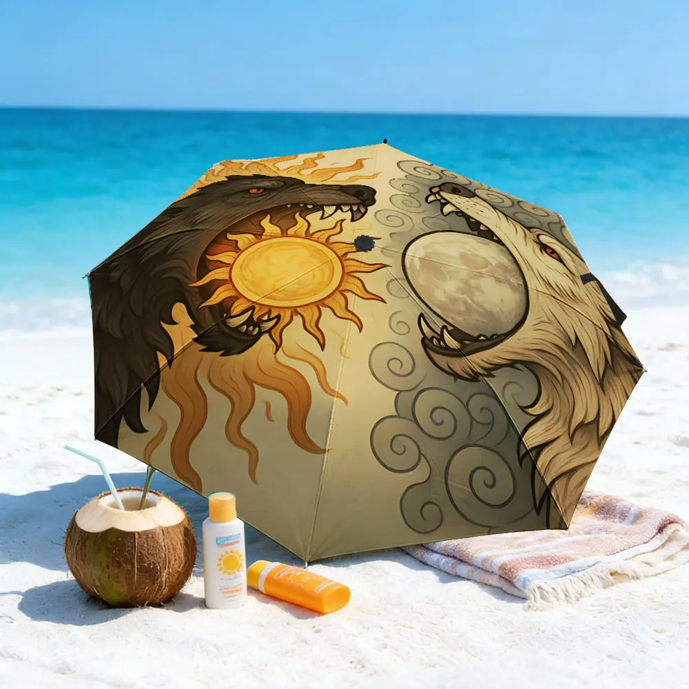 1PC Artistic Wolf Designs on Sun and Moon Umbrella Print 8 Iron Ribs Folding Umbrella Auto-Open Fashion Sunshade