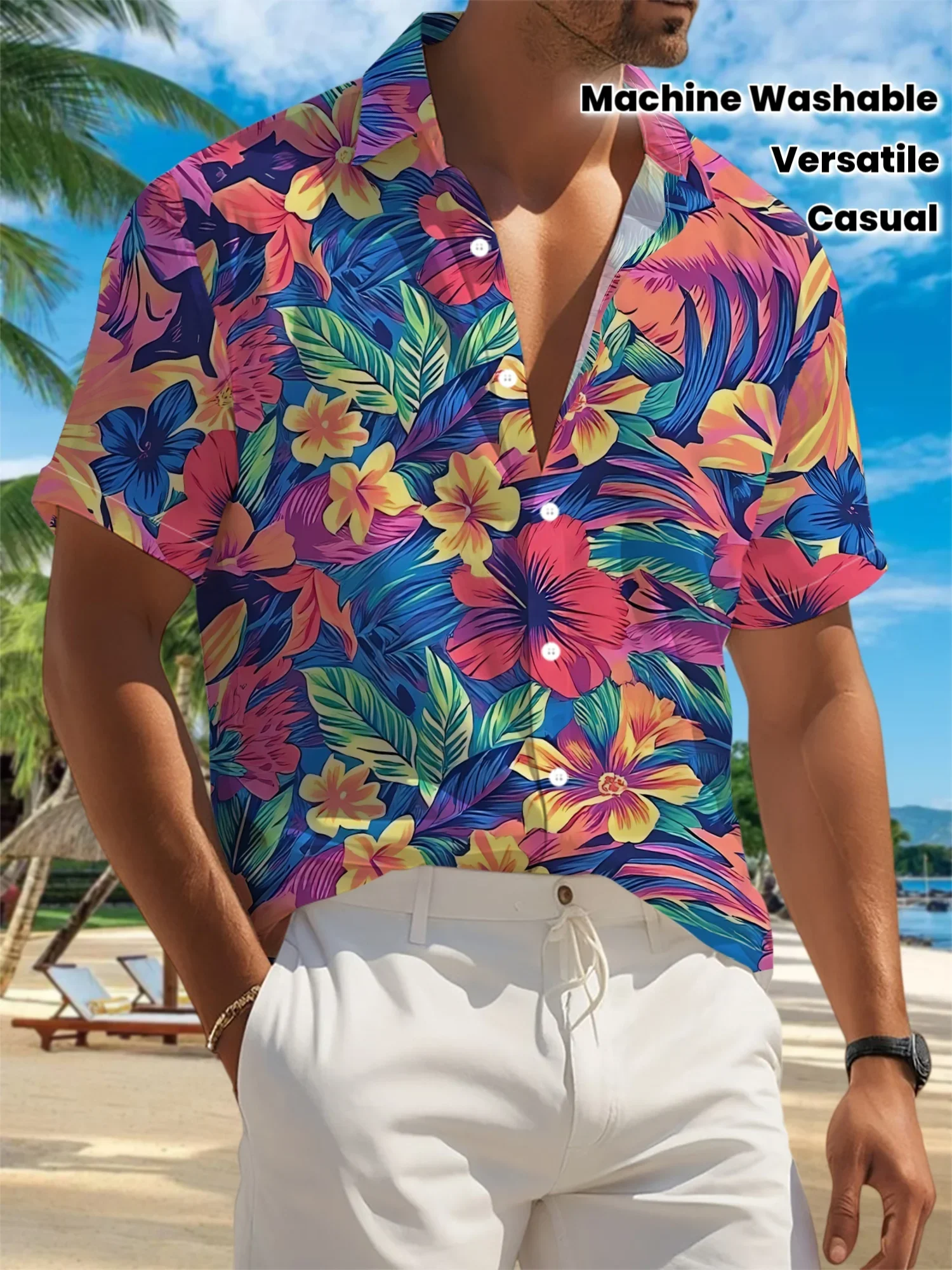Men Navy Blue Base Multicolor Plumeria Hibiscus Palm Leaf Print Hawaiian Short Sleeve Lapel Shirt