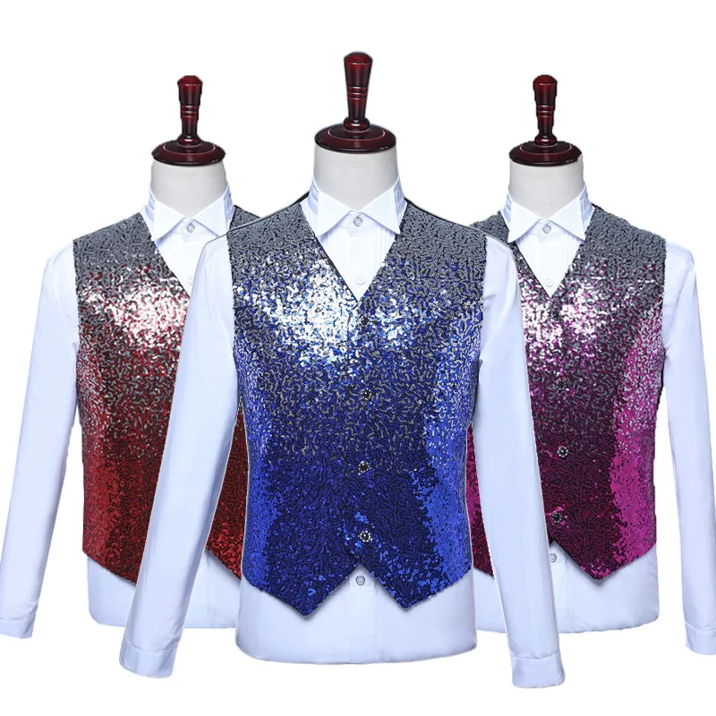 Asian Size Blue Men Sequin Suit Vest, Red Luxury Bar KTV Dance Party Stage Performance Waistcoat, Purple Patchwork Tops.