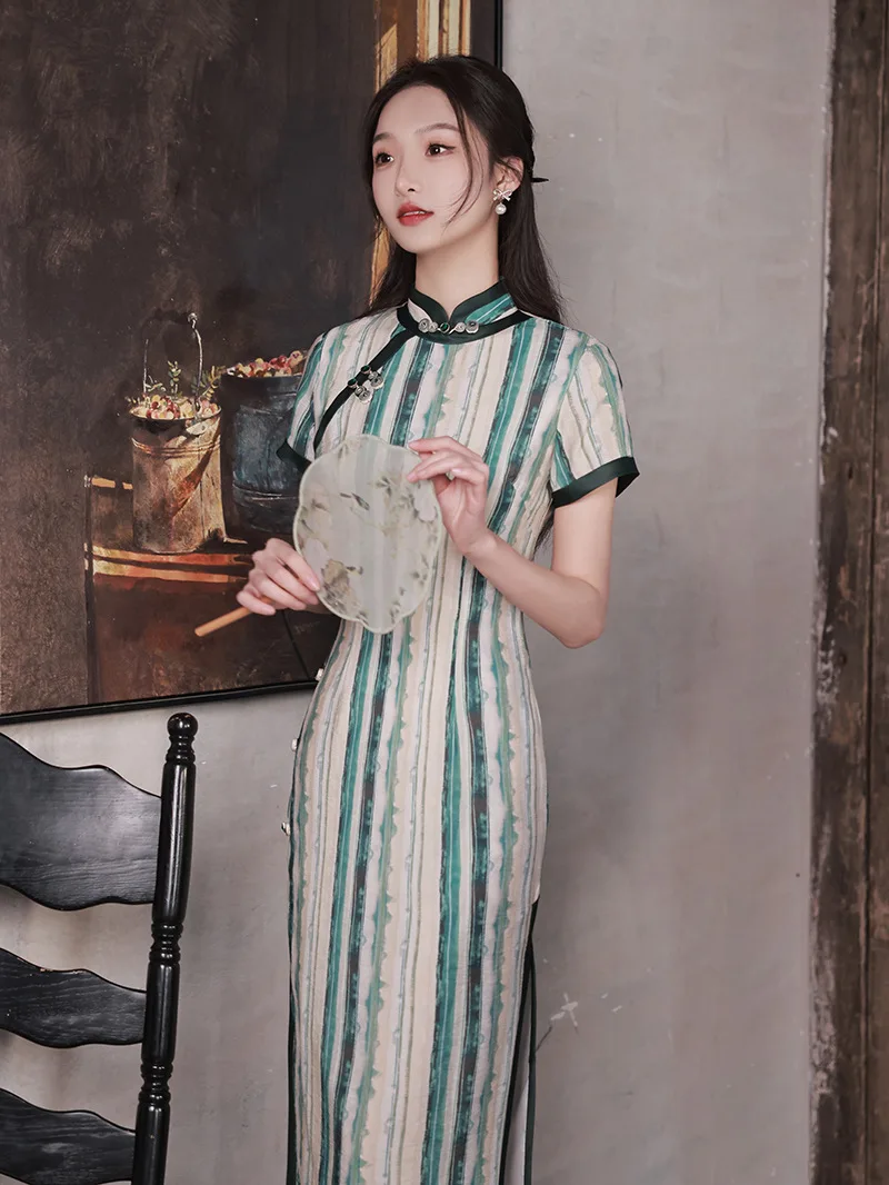 Women Short Sleeve Button Cheongsam Chinese Traditional Slim Costume Long Cotton Linen Qipao