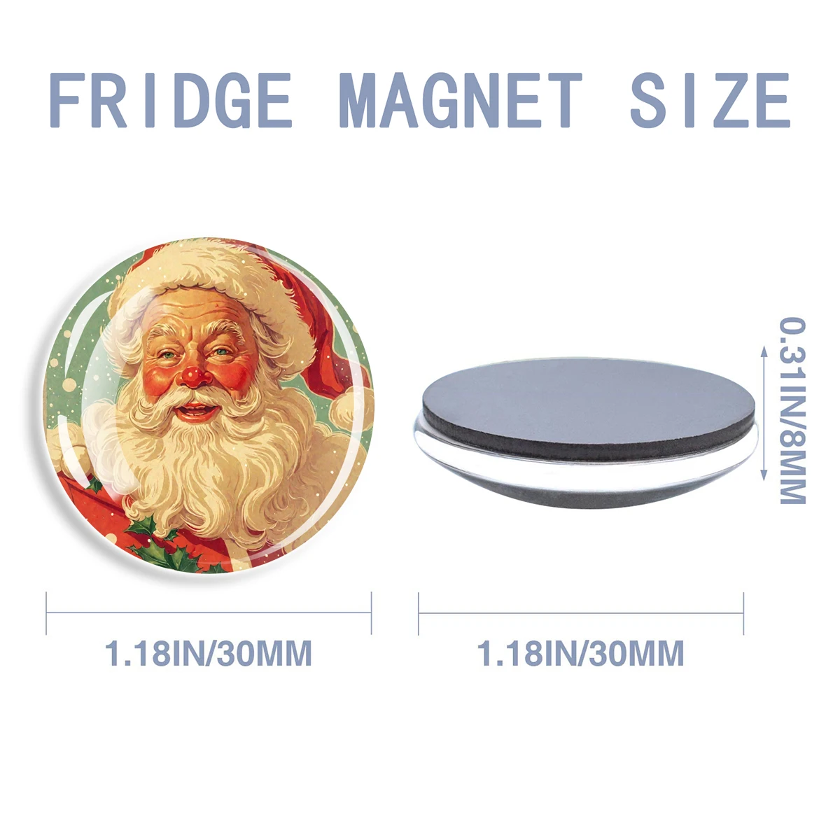 12PCS Christmas-themed circular magnetic fridge magnets, suitable for attachment to metal surfaces and ideal as Christmas gifts.