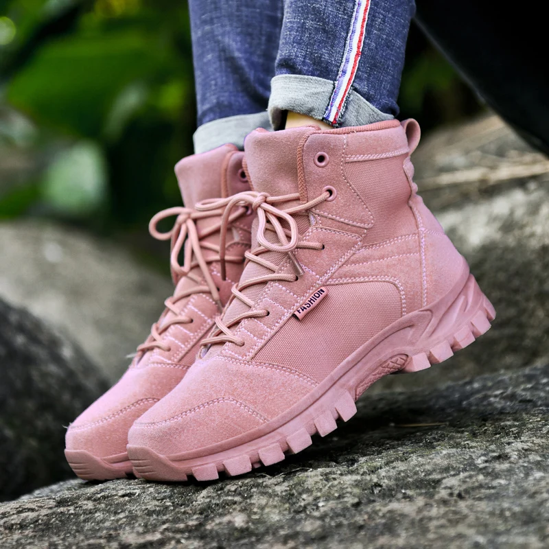 

Winter Pink Hiking Boots Women Men High Top Desert Combat Boots Man Outdoor Trekking Shoes Men Tactical Sneakers Large Size 48