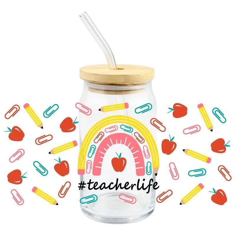 3D uv dtf Wraps Stickers waterproof Teacher Transfer Sticker for 16OZ Libbey Glass Mug Rub on Transfer Decals for for Crafts