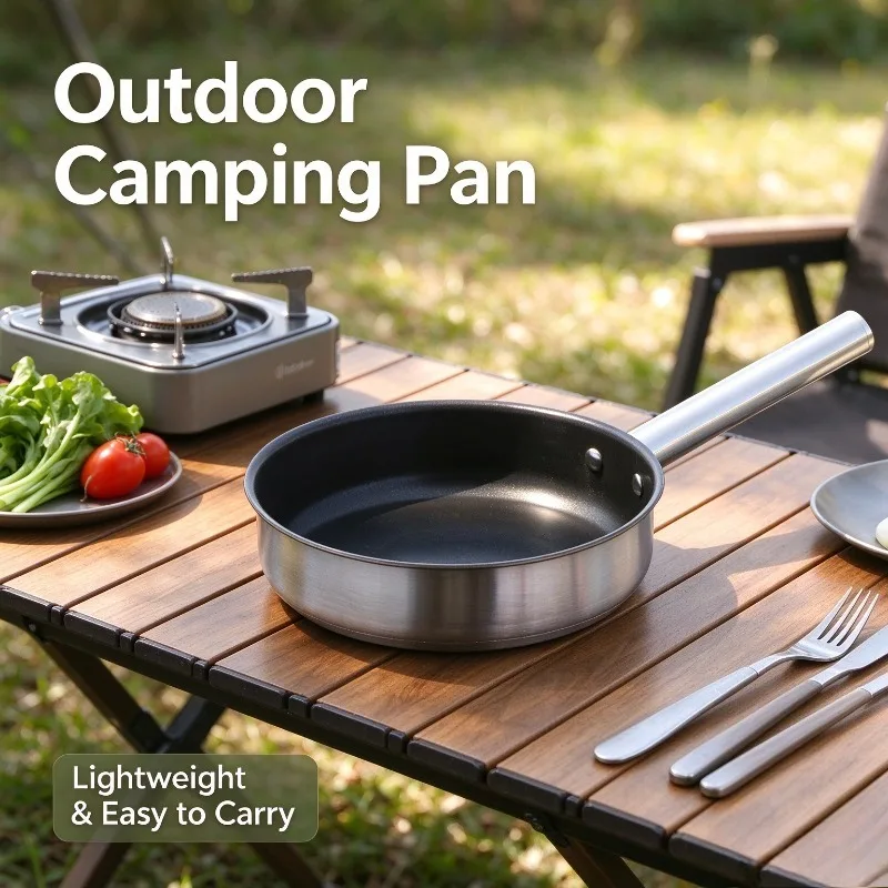 304Stainless Steel Camping Frying Pan NonStick Foldable Skillet with Detachable Handle for Kitchen Cooking Professional Utensils