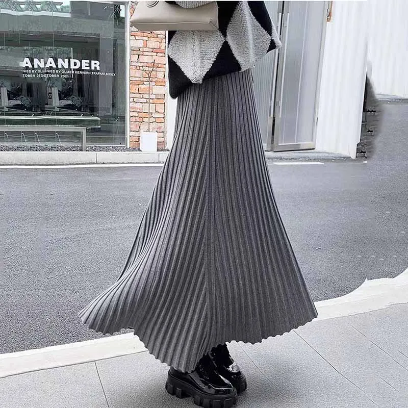 women gray Striped Knitted Skirts Elastic Waist All-Match Temperament Maxi Skirt Woman autumn winter Solid Simple A-Line Skirts