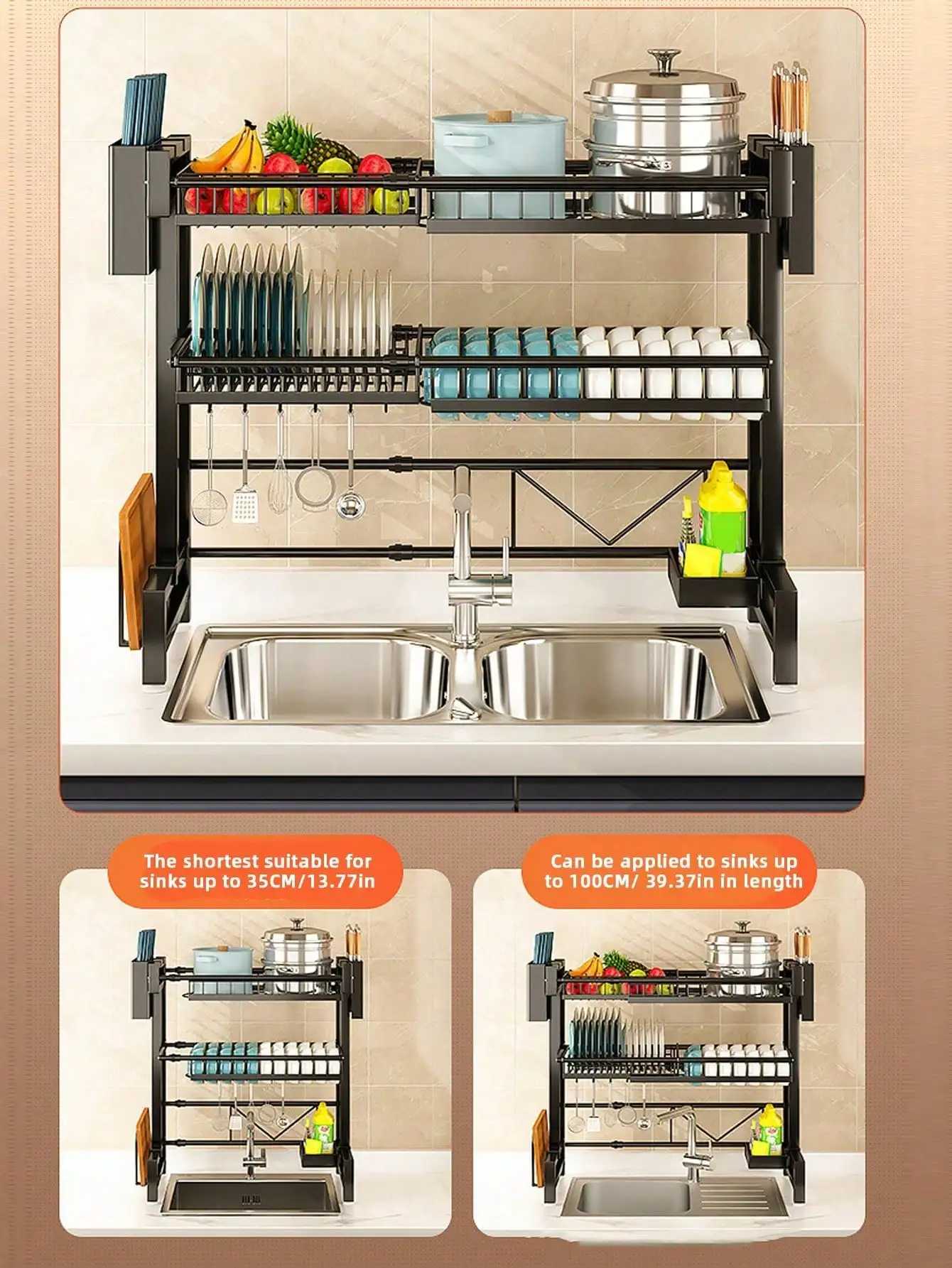 1pc 31.89in(81cm) Height. Double Layer Over Sink Dish Drying Rack Adjustable Snap-On Design 2 Tier Large Kitchen