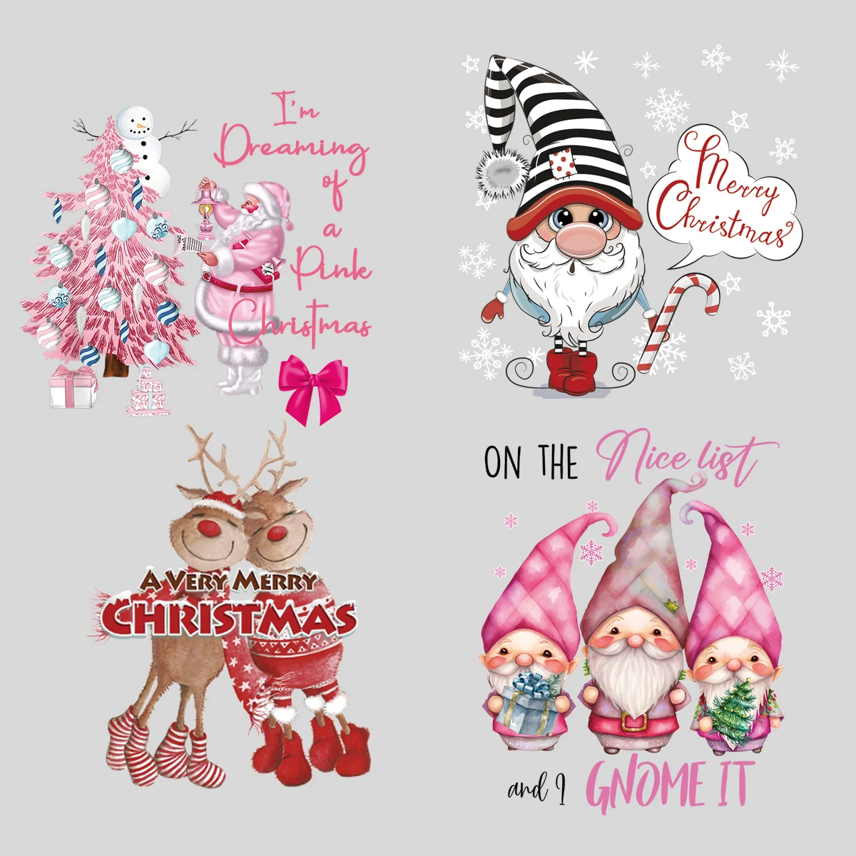 Pink Santa Claus Christmas Tree Series Heat Transfer Decal Antelope In Love With Each Other Diy Iron-on Patch For Pillow Jeans