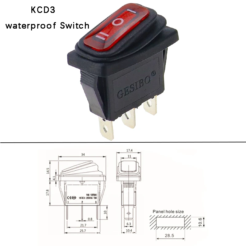 KCD3 Waterproof Rocker Switch ON-OFF/ON-OFF-ON 3Pin,2/3 Position,Electrical Equipment With Lighting Power,15A 250VAC/20A 125VA