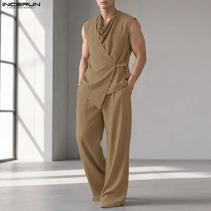 INCERUN Men Sets Solid Color Sleeveless Irregular Shirt Pants Two Piece Sets Streetwear 2026 Casual Men Matching Sets Tracksuits view 3