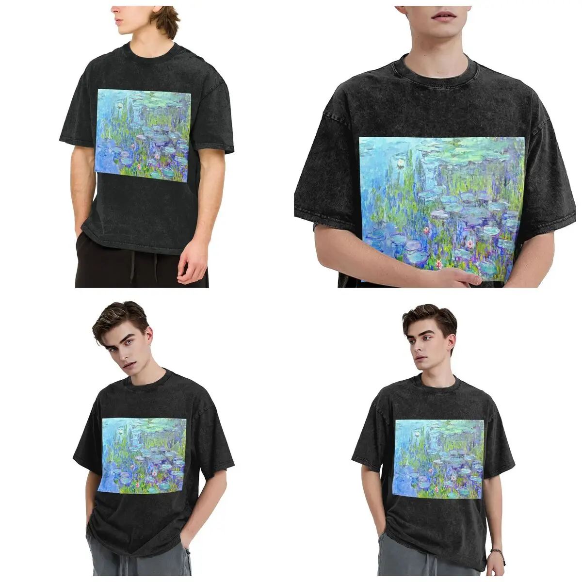 Streetwear T-Shirts Female Long Water Lilies Claude Monet Washed T Shirt Short Sleeve Hip Hop T-Shirt Tops Tees for Men Women