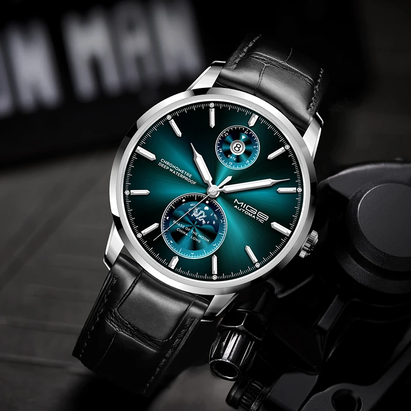 mige brand business steel mechanical watch men movement waterproof luxury fashion automatic night light leather watches for man