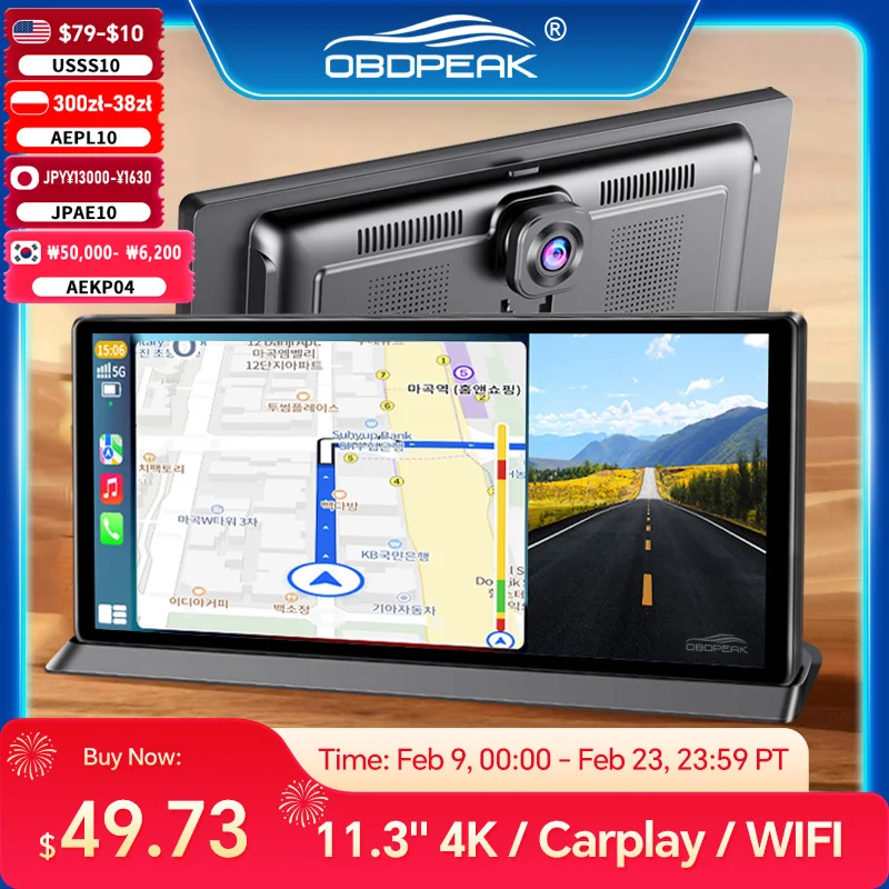 

11.3" Dash Cam 4K Car Mirror Wireless Carplay Android Auto Multimedia Player GPS WiFi Universal Black Box Rearview Camera AUX BT