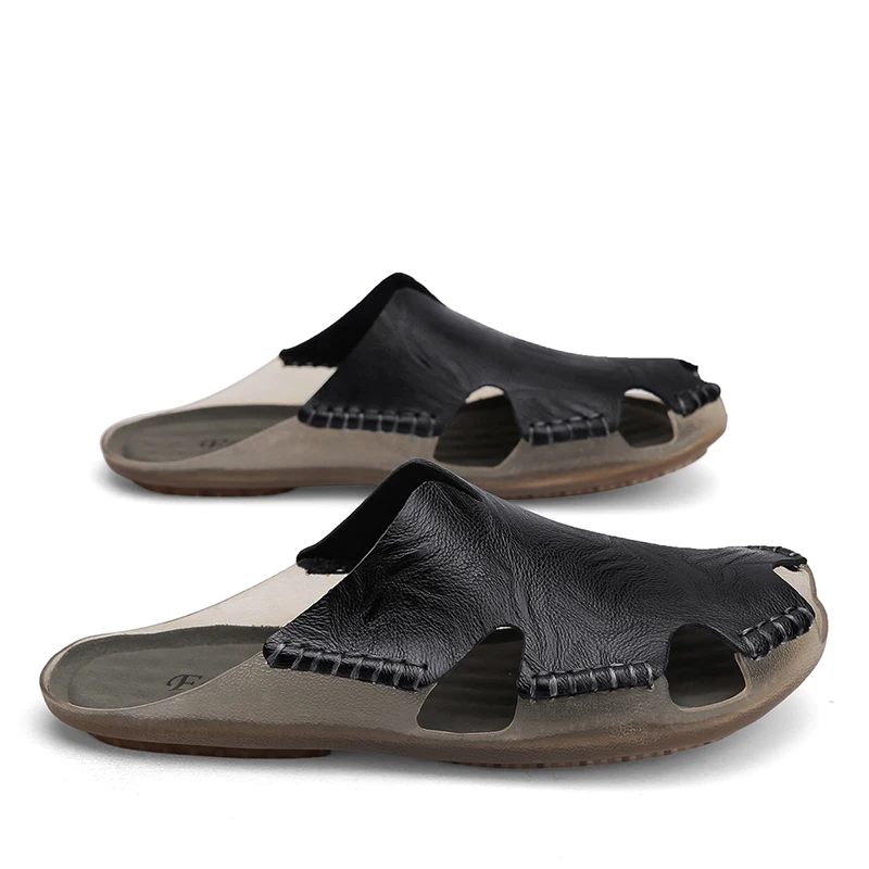 Men Leather Flat Slides Slippers Outdoor Indoor Home House Slip On Sandals Summer Shoes Big Size 47 48