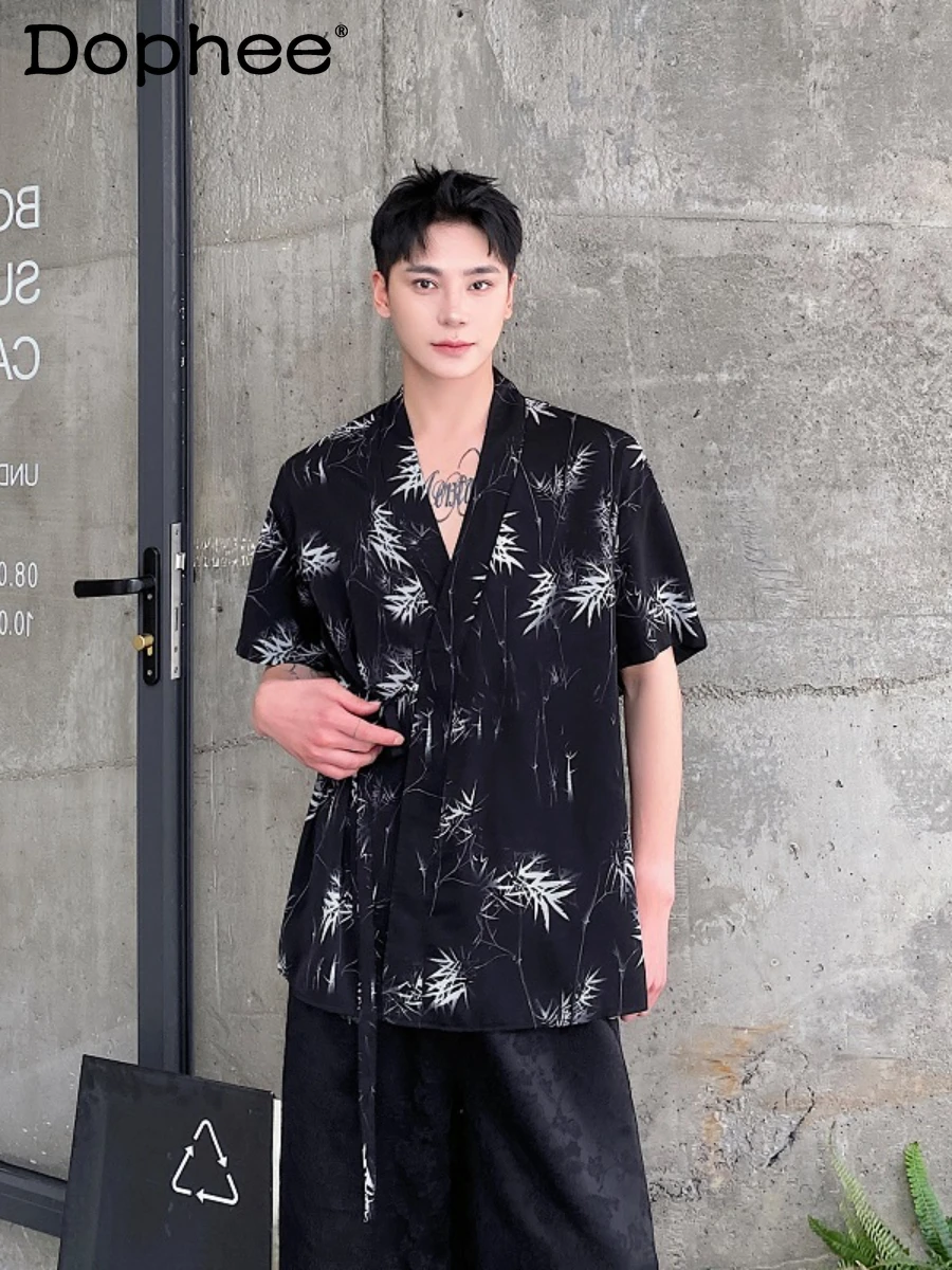 

2024 Summer Chinese Style Male Shirts Bamboo Printed Short-Sleeve Shirts Men's Retro National Style Thin Loose Comfort Shirt