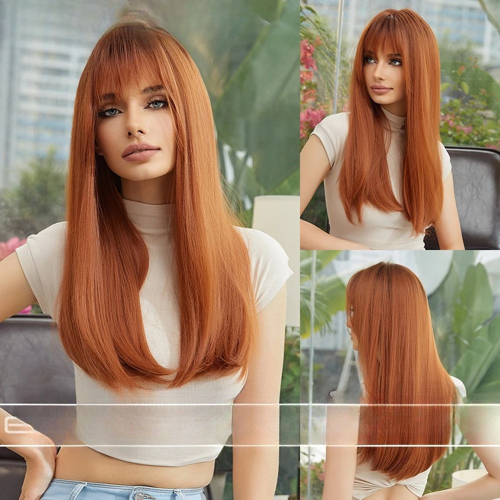 

Wig female long straight hair summer travel photo white hair color air bangs light and realistic wig cover