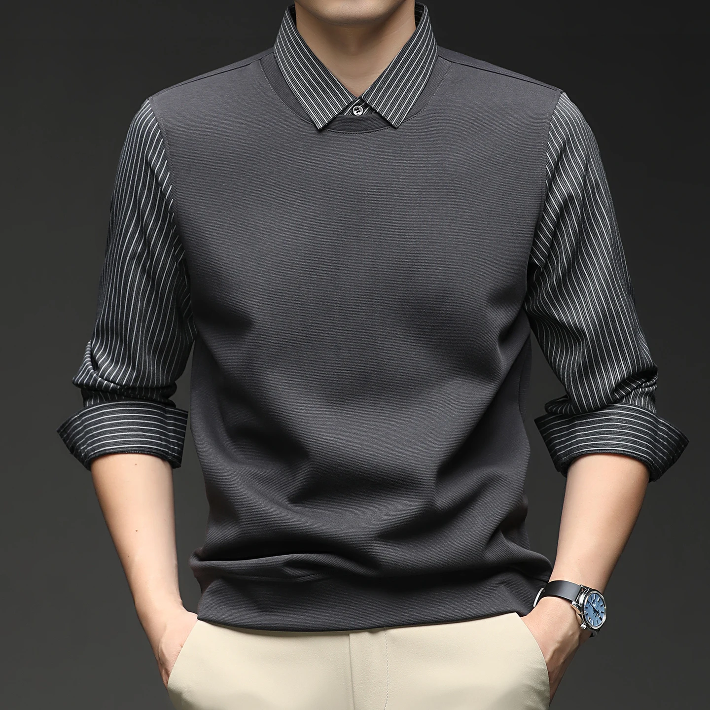 Autumn New Style Men's Business Casual Multi-Purpose Long-Sleeved Fake Two-Piece Striped