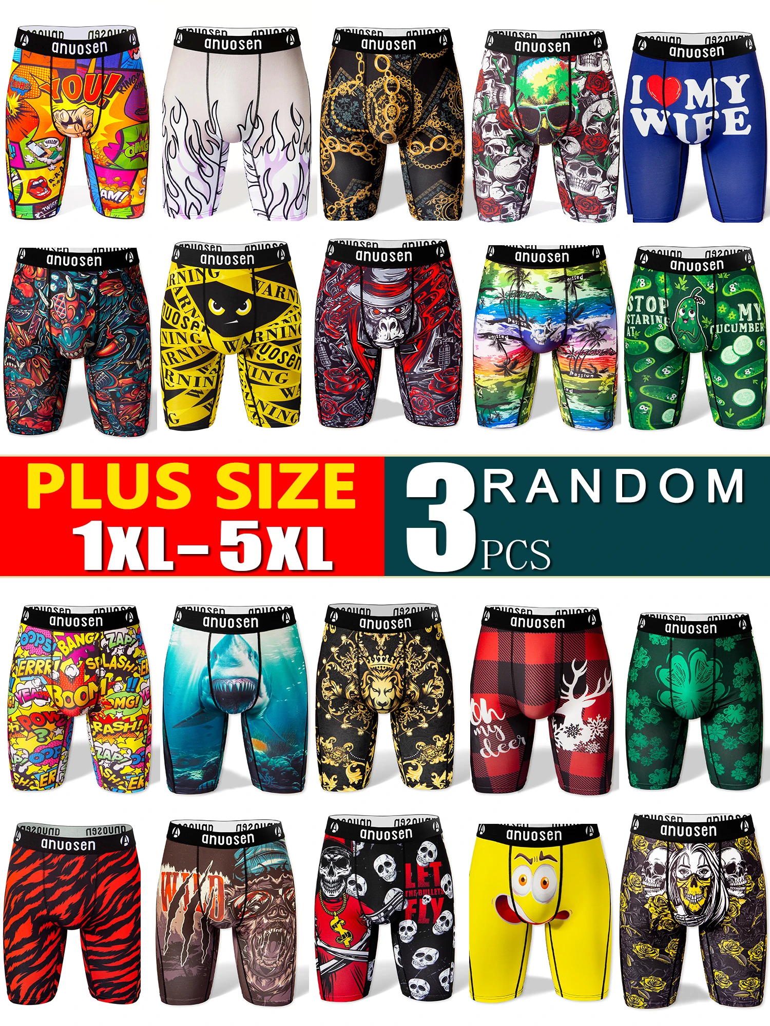 

Large Size Random 3-Piece Pack Men's Long Sports Underwear Random Pattern Single or Multi-Pack Large Size Positioning Print Skull Plant Letter Cartoon Moisture-Wicking Cartoon Striped Plaid Animal and Other Unique Prints Random Styles Extended Length Unde