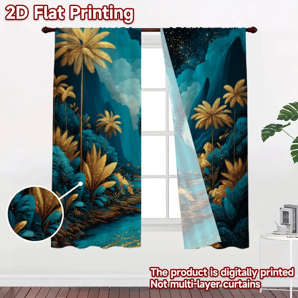 2D flat printing 2pcs Curtain Window Curtains Golden Tropical River Digital Printed Polyester Drapes Seasonal Party & Holiday