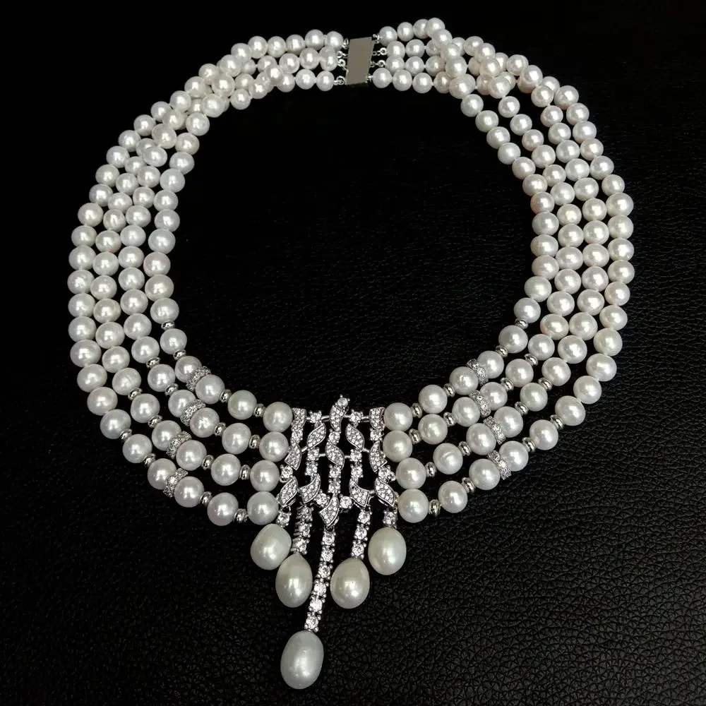 

18" 4 Strands Cultured White Pearl Statement Necklace Cubic Zirconia Pendant chokers necklace for wedding party for women