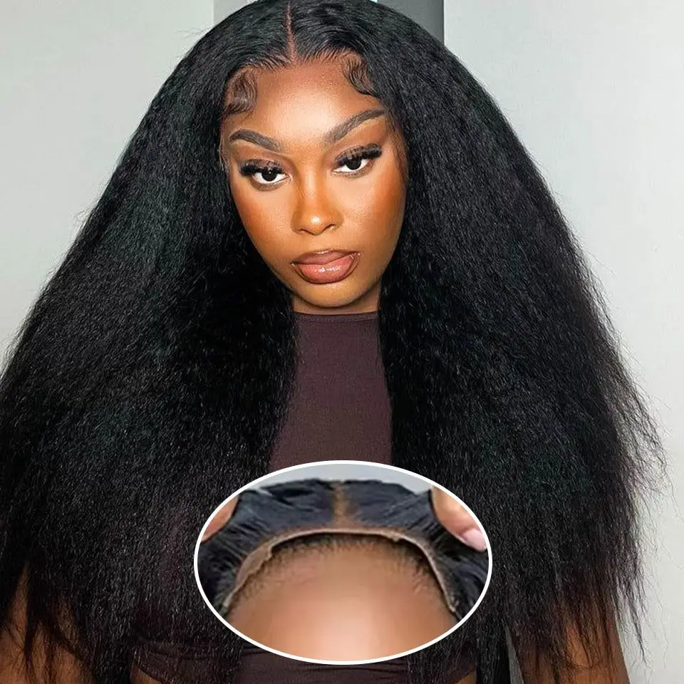 Yaki Straight 4x4 Put-On-and-Go Lace Front Perücken aus Echthaar für Frauen, brasilianisches, kleberfreies, vorgezupftes Haar in Naturfarbe, 180% Dichte