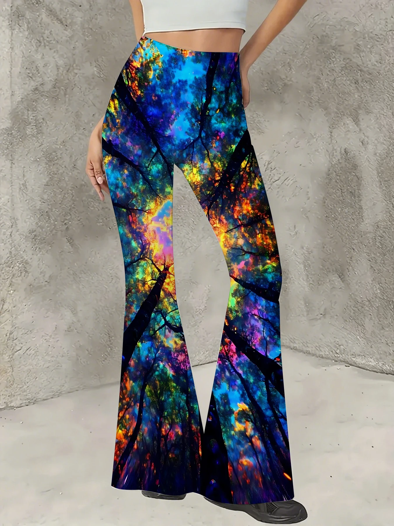 

Retro Printed Flare Pants Women High Waist Polyester Knit Bell Bottom Trousers