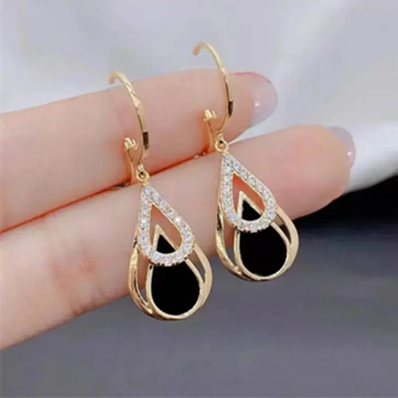 Trendy Water Droplet Dangle Earrings for Women Hollow Out Black Enamel Oil Rhinestones Golden Hoop Drop Earrings Party Jewelry