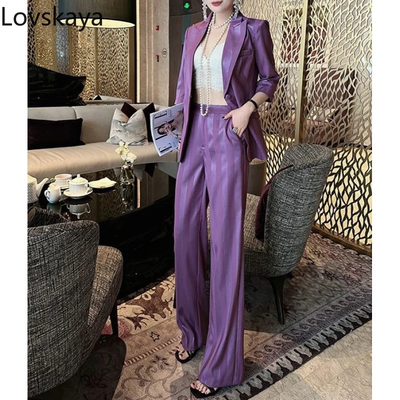 Purple striped suit jacket wide leg pants two-piece set for women professional formal attire summer new waistband