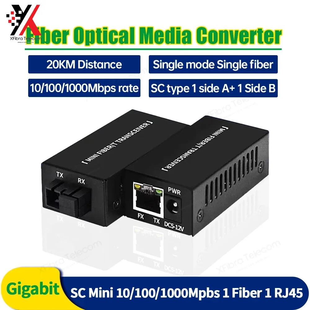 1 Pair Gigabit Mini 1F1E Optical Media Converter Transceiver Singlemode Simplex 100/1000M SC 25KM Fiber Switch