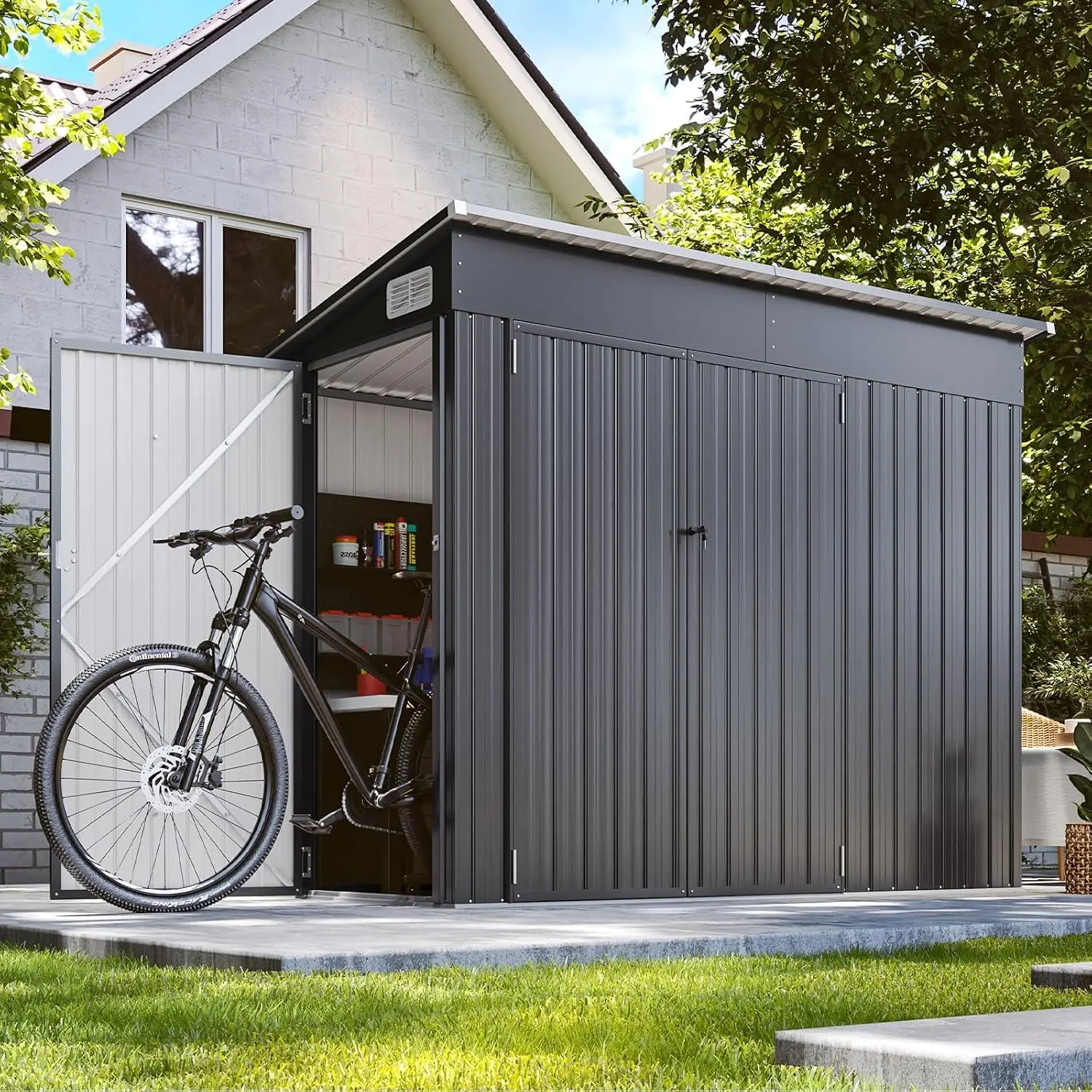 8'x4' Metal Storage Shed Triple Door Lean To Weatherproof Galvanized Steel Dual Lock Sloped Roof Mower Bike Tool, Customized