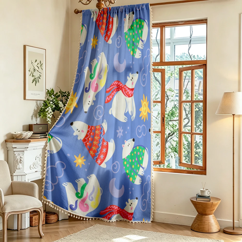 1PC Christmas Tassel Sheer Curtains, Polar Bear Sweater Star, Digital Print, Linen Polyester, Bedroom Living Room, Home Decor