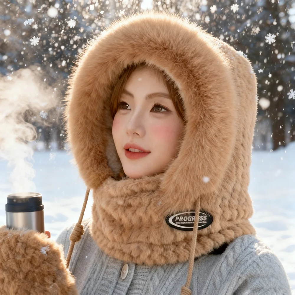 الخريف والشتاء المرأة الحرارية أفخم قبعة هود وشاح وقناع حماية الأذن يندبروف تصميم سميك لركوب الخيل في الهواء الطلق