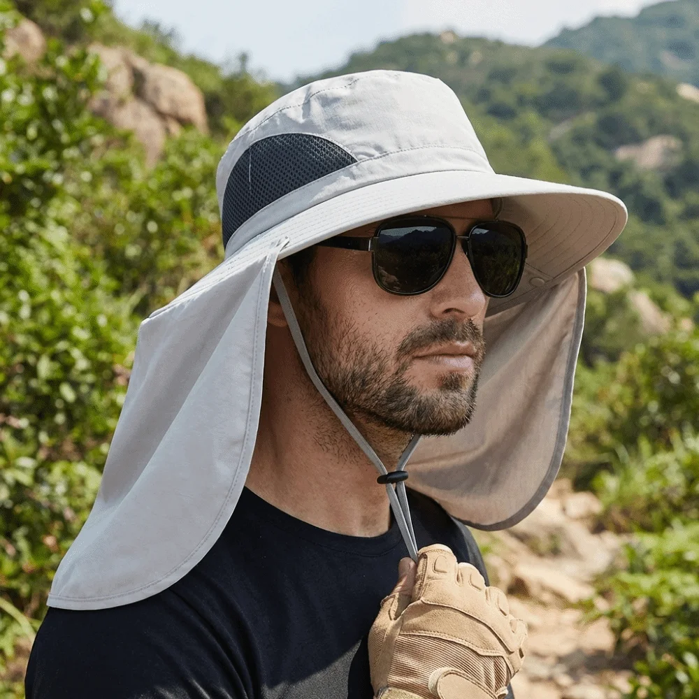 

Removable Cloth Men Sun Hat Big Brim Removable Shawl Women Visor Cap Sunscreen With Lanyard Summer Bucket Hat Women