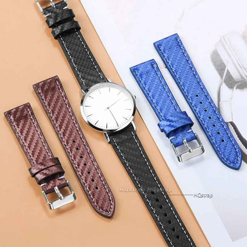 Leather Bracelet Carbonfiber Grain Watchband 18mm 20mm Red Orange Black Blue Brown Wristband 22mm 24mm Watch Strap for Seiko