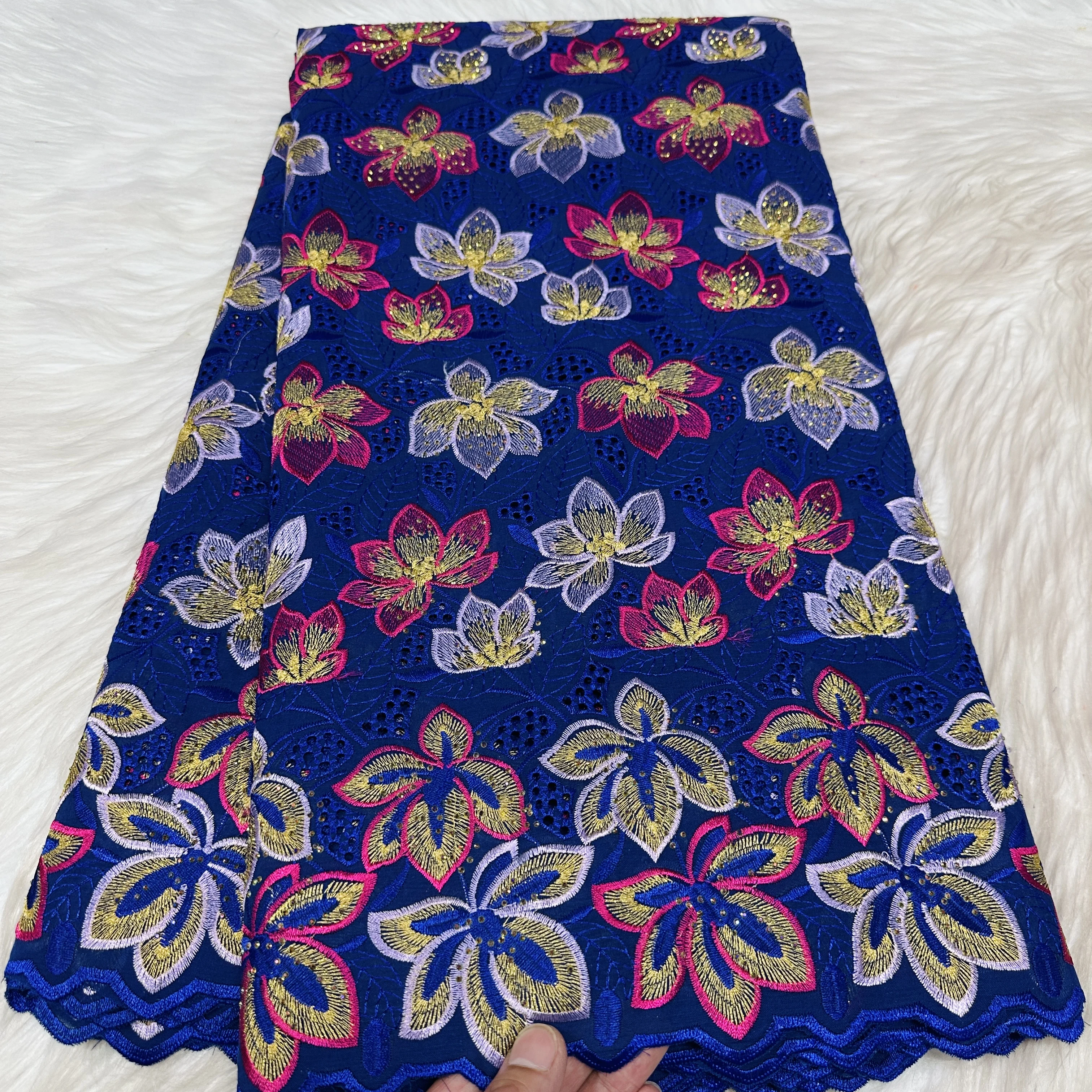 5 Yards Heavy Swiss Voile Cotton Lace Drill Embroidery Rhinestonne Eyelet West African Fabric Clothing Materia